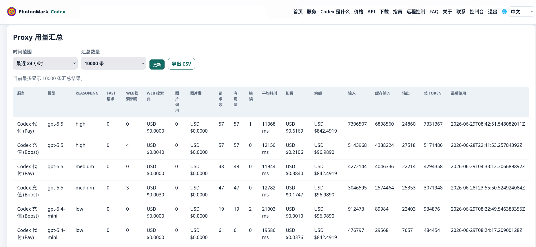 Dashboard usage summary table grouped by service, model, request count, tokens, charges, and balance
